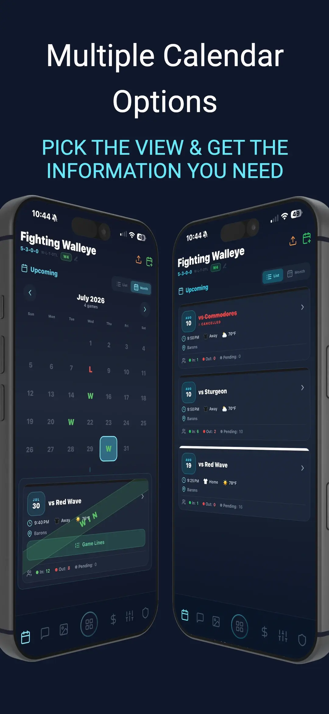 Team calendar in month and list views with RSVP counts
