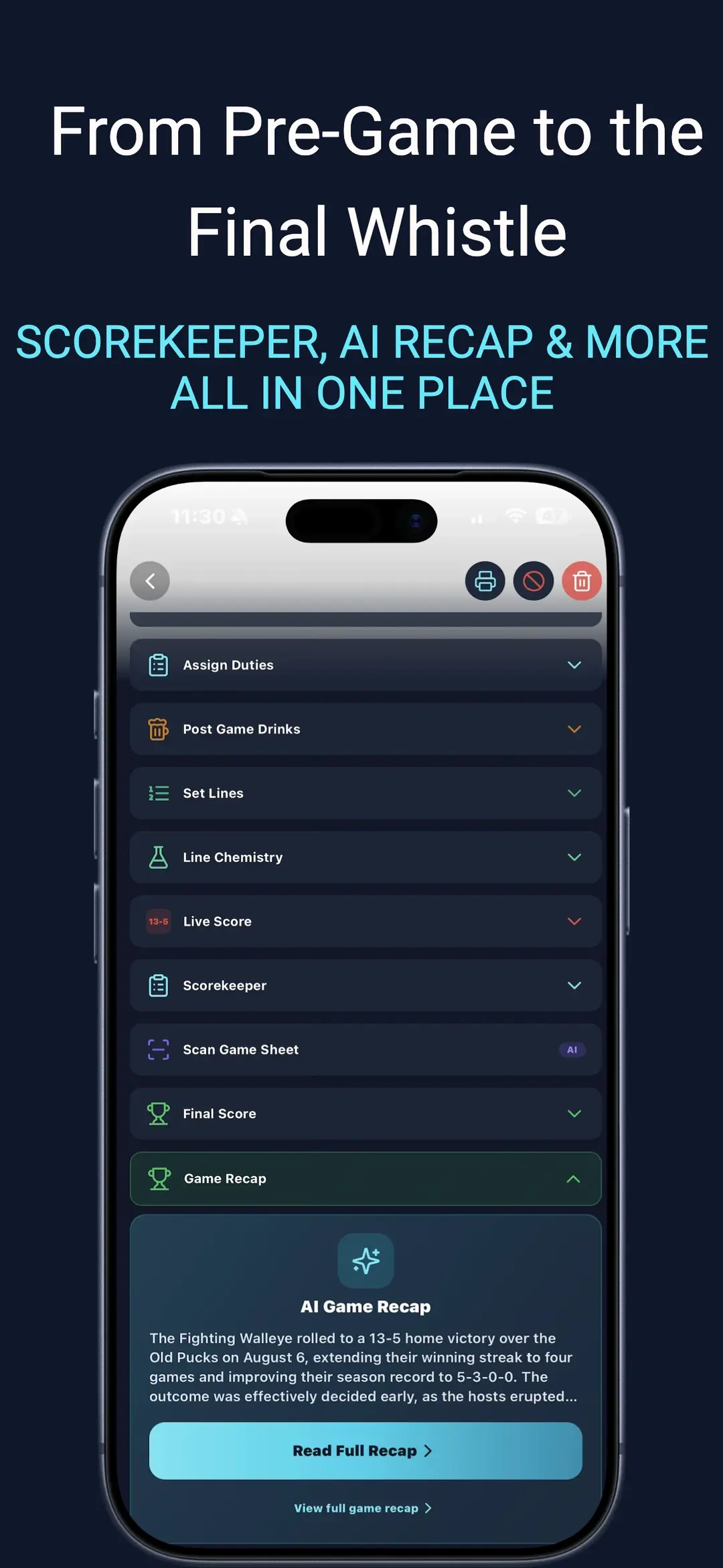 Game day tools — duties, live score, scorekeeper, AI recap