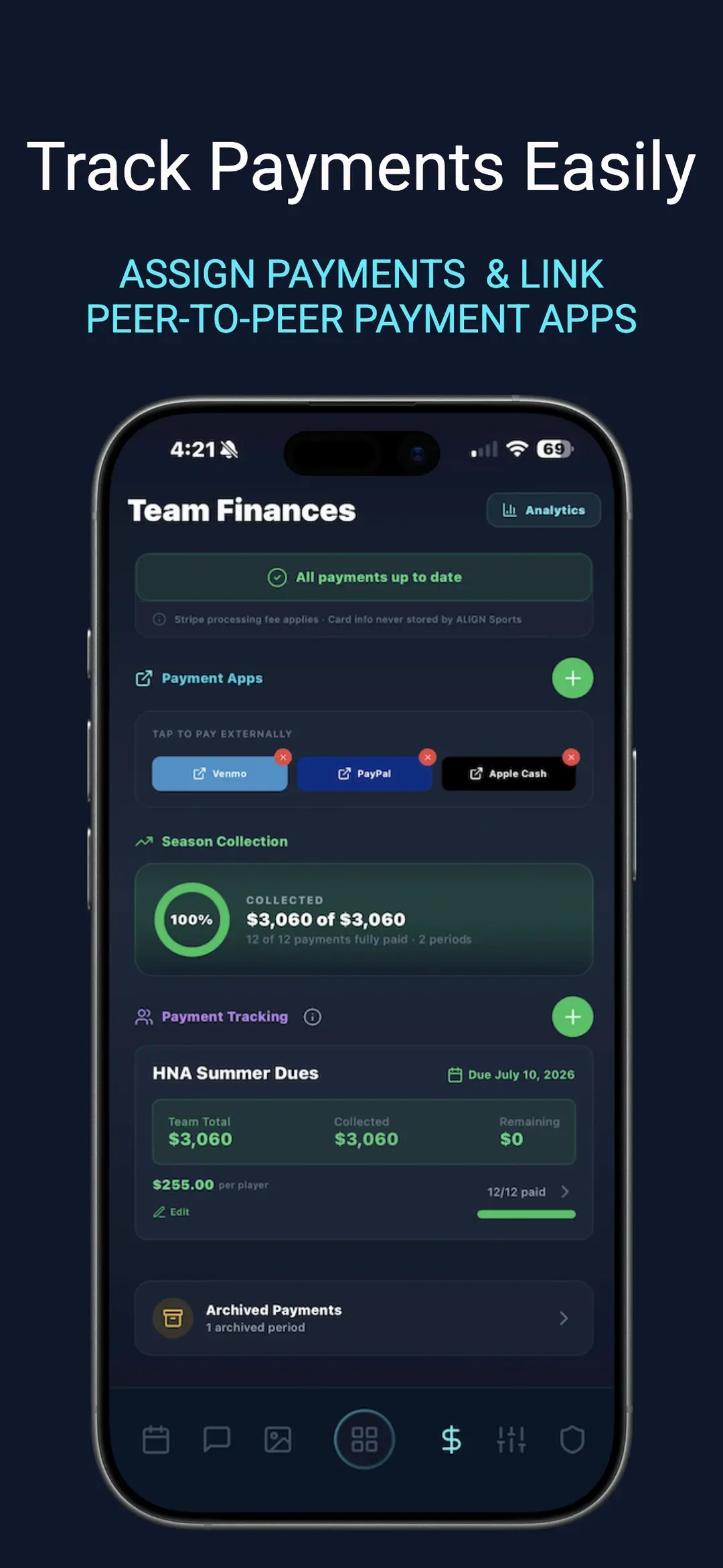 Team payment tracking with Venmo, PayPal, and Apple Cash